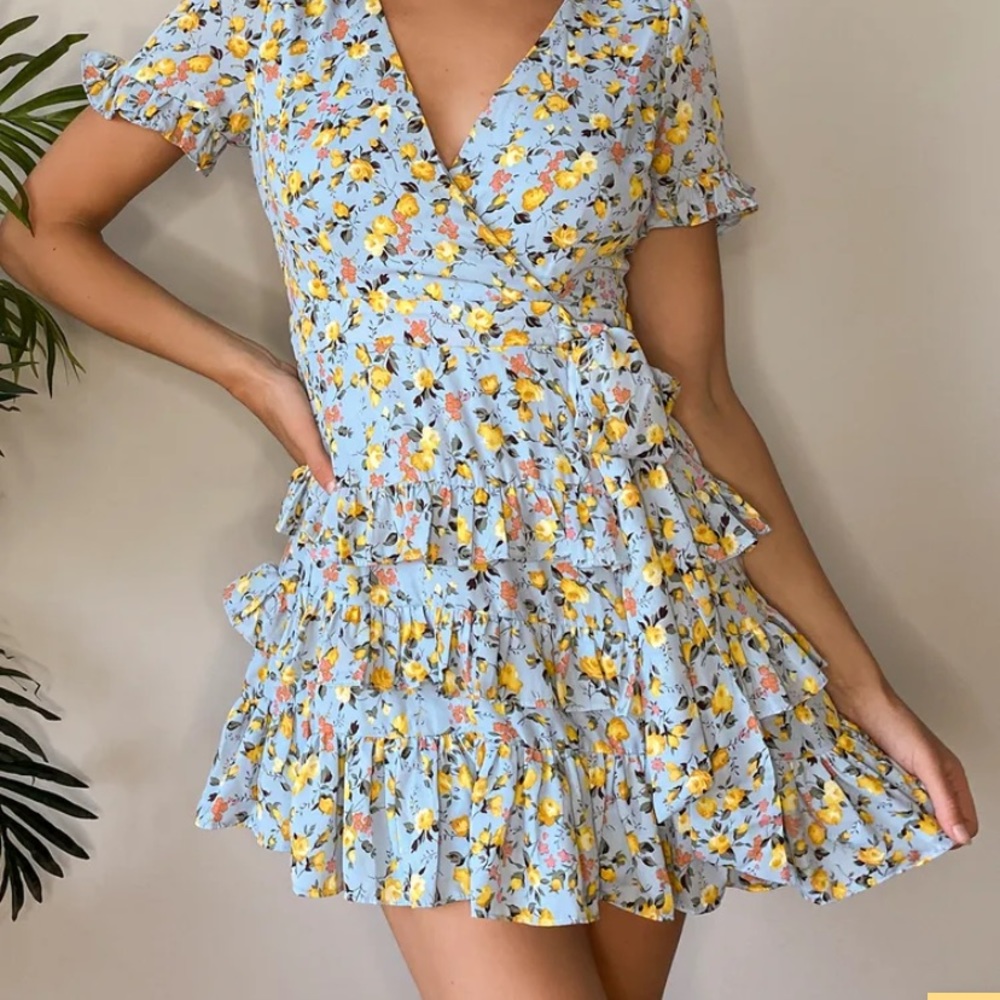 light blue floral Tiered Ruffle Mini Dress
